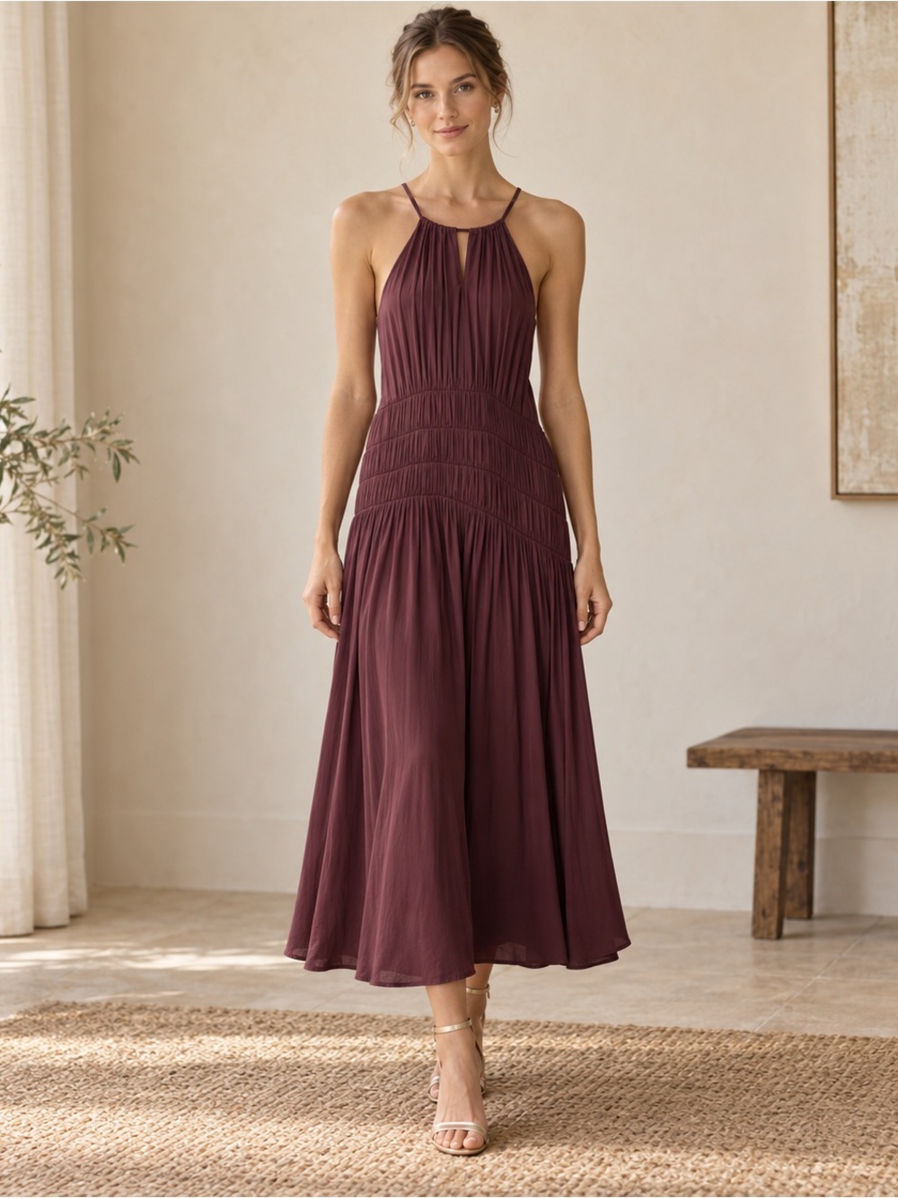 Anthropologie Moulinette Soeurs Plum Asymmetrical Smocked Halter Midi Dress 0